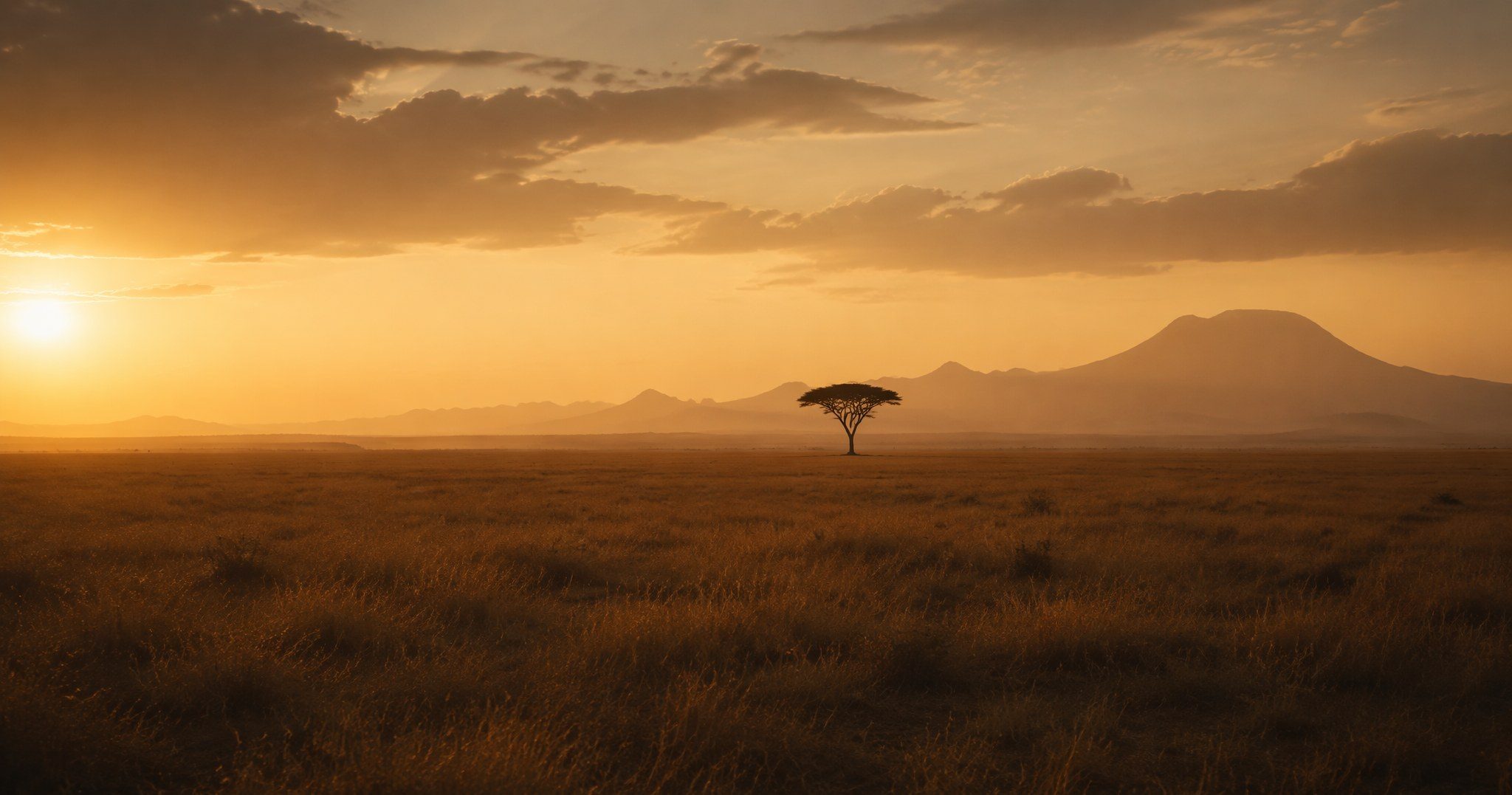 Savanna landscape at sunset with a single acacia tree and distant mountains