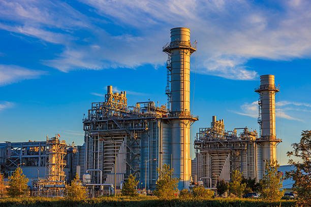 Natural gas power plant at golden hour with trees in the foreground