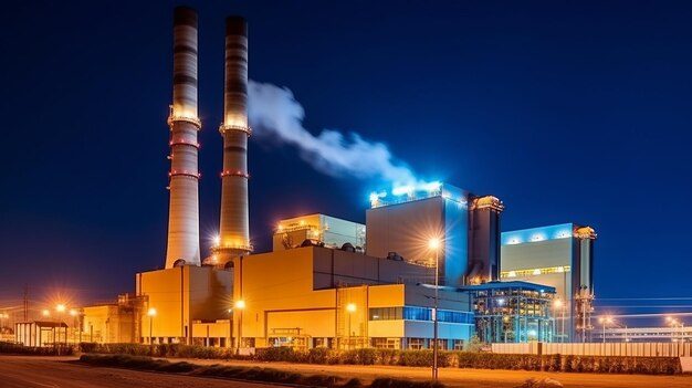 Gas-fired power plant building lit at night with visible steam