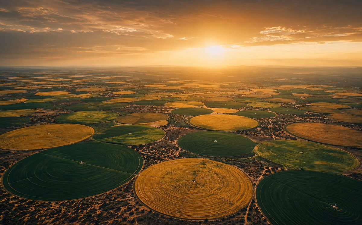 Aerial view of circular irrigated farmland at sunset