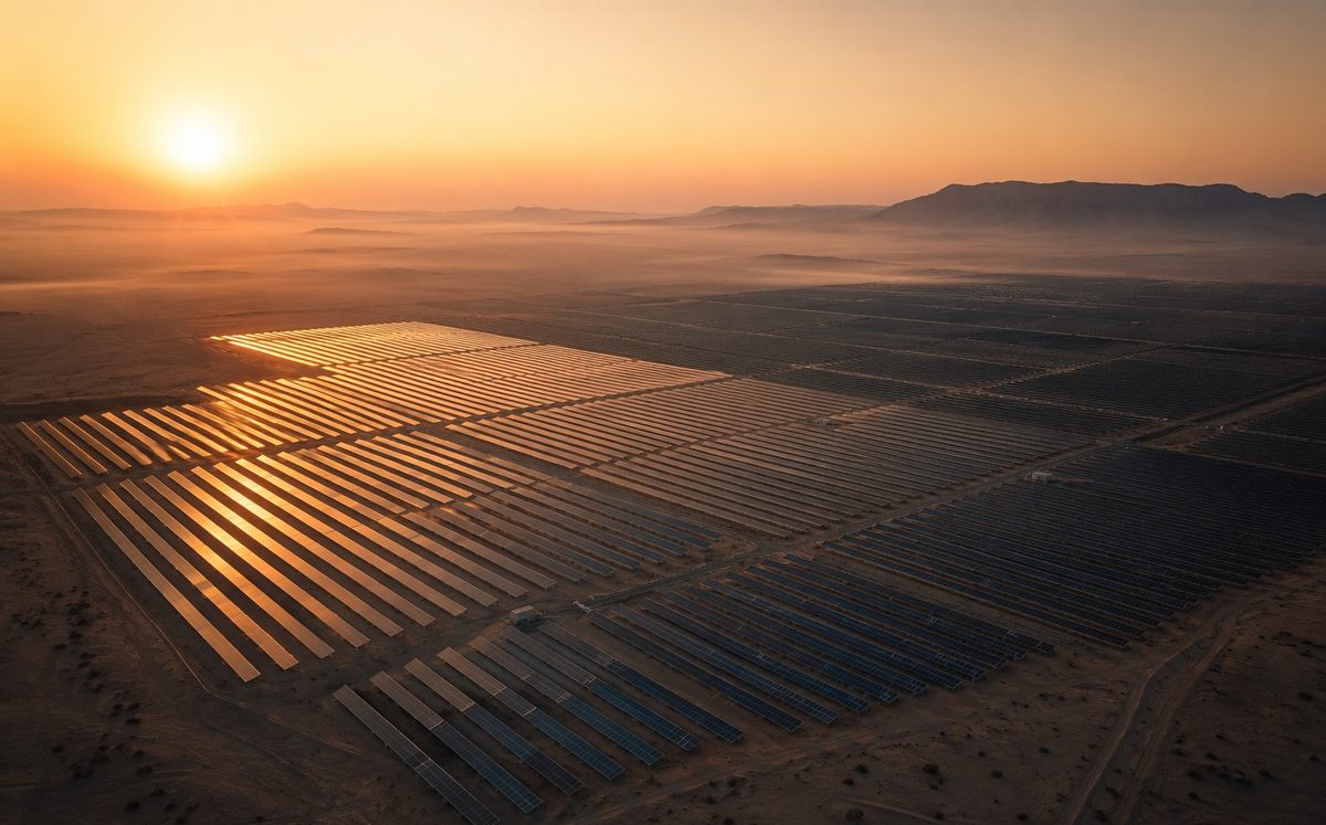 Utility-scale solar array at sunrise