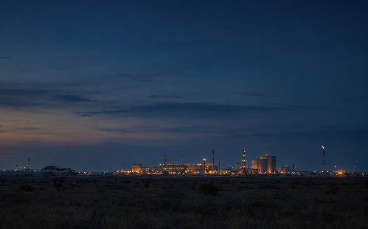 Gas processing plant at dusk with flare stack